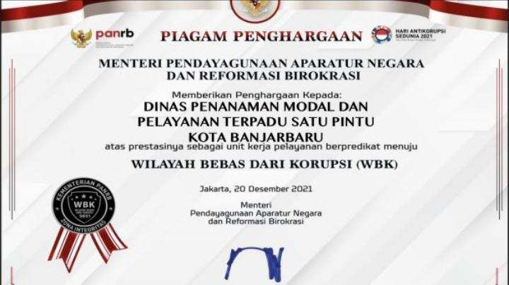 DPMPTSP Banjarbaru Raih Penghargaan WBK