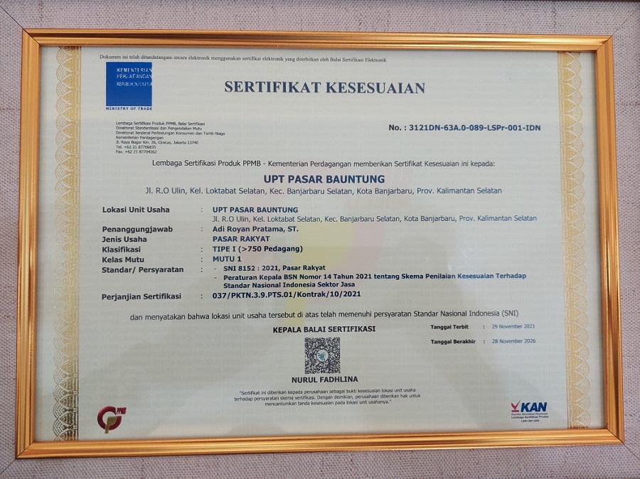 Perdana di Kalimantan, Pasar Bauntung Banjarbaru Raih Penghargaan SNI