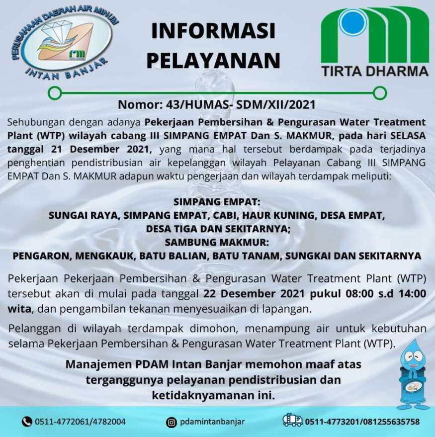 WTP Wilayah Cabang III Dikuras, Distribusi Air Bersih PDAM Intan Banjar Terganggu