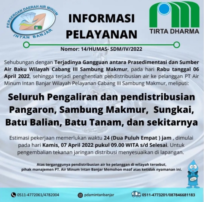 Terganggunya Distribusi Air Bersih PTAM Intan Banjar, Disini Wilayah Terdampak